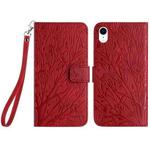 For iPhone XR Tree Birds Embossed Pattern Leather Phone Case(Red)