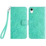 For iPhone XR Tree Birds Embossed Pattern Leather Phone Case(Green)