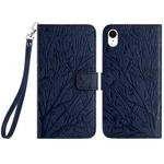 For iPhone XR Tree Birds Embossed Pattern Leather Phone Case(Blue)