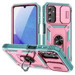 For Samsung Galaxy A25 5G Sliding Camshield TPU + PC Phone Case with Holder(Pink+Green)