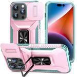 For iPhone 15 Pro Sliding Camshield Holder Phone Case(Pink + Grey Green)