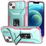 For iPhone 15 Plus Sliding Camshield Holder Phone Case(Grey Green + Pink)