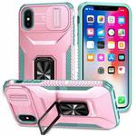 For iPhone XS Sliding Camshield Holder Phone Case(Pink + Grey Green)