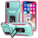 For iPhone XS Max Sliding Camshield Holder Phone Case(Grey Green + Pink)
