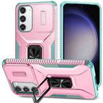 For Samsung Galaxy S23+ 5G Sliding Camshield Holder Phone Case(Pink + Grey Green)