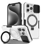 For iPhone 15 Pro Max Sliding Camshield Magsafe Holder TPU Hybrid PC Phone Case(Black White)