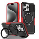 For iPhone 15 Pro Max Sliding Camshield Magsafe Holder TPU Hybrid PC Phone Case(Black Red)