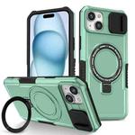 For iPhone 15 Plus Sliding Camshield Magsafe Holder TPU Hybrid PC Phone Case(Light Blue)