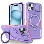 For iPhone 15 Sliding Camshield Magsafe Holder TPU Hybrid PC Phone Case(Pink Purple)