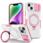 For iPhone 14 Plus Sliding Camshield Magsafe Holder TPU Hybrid PC Phone Case(Pink White)