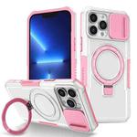 For iPhone 13 Pro Max Sliding Camshield Magsafe Holder TPU Hybrid PC Phone Case(Pink White)