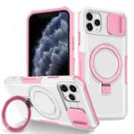 For iPhone 11 Pro Max Sliding Camshield Magsafe Holder TPU Hybrid PC Phone Case(Pink White)