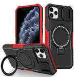 For iPhone 11 Pro Max Sliding Camshield Magsafe Holder TPU Hybrid PC Phone Case(Black Red)