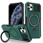 For iPhone 11 Pro Max Sliding Camshield Magsafe Holder TPU Hybrid PC Phone Case(Deep Green)