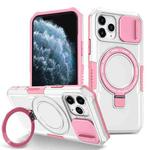 For iPhone 11 Pro Sliding Camshield Magsafe Holder TPU Hybrid PC Phone Case(Pink White)