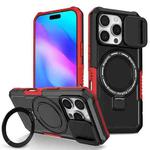 For iPhone 16 Pro Sliding Camshield MagSafe Holder TPU Hybrid PC Phone Case(Black Red)