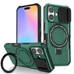 For iPhone 16 Plus Sliding Camshield MagSafe Holder TPU Hybrid PC Phone Case(Deep Green)