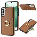 For Samsung Galaxy S21 5G Ring Card  Litchi Leather Back Phone Case(Brown)