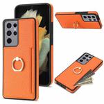 For Samsung Galaxy S21 Ultra 5G Ring Card  Litchi Leather Back Phone Case(Orange)