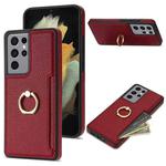 For Samsung Galaxy S21 Ultra 5G Ring Card  Litchi Leather Back Phone Case(Red)