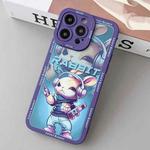 For iPhone 14 Pro Liquid Angel Eyes Hip Hop Rabbit TPU Phone Case(Purple Earphones)