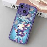 For iPhone 14 Plus Liquid Angel Eyes Hip Hop Rabbit TPU Phone Case(Purple Earphones)
