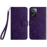 For OPPO A57 4G 2022 Tree Birds Embossed Pattern Leather Phone Case(Purple)