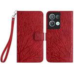 For OPPO Reno8 Pro Tree Birds Embossed Pattern Leather Phone Case(Red)