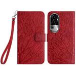 For OPPO Reno10 Pro+ Tree Birds Embossed Pattern Leather Phone Case(Red)