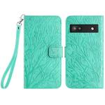 For Google Pixel 6a Tree Birds Embossed Pattern Leather Phone Case(Green)