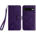 For Google Pixel 7 Tree Birds Embossed Pattern Leather Phone Case(Purple)