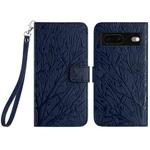 For Google Pixel 7 Tree Birds Embossed Pattern Leather Phone Case(Blue)