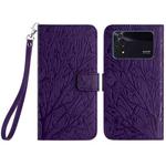 For Xiaomi Poco M4 Pro 4G Tree Birds Embossed Pattern Leather Phone Case(Purple)