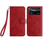 For Xiaomi Poco X4 Pro 5G Tree Birds Embossed Pattern Leather Phone Case(Red)