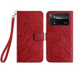 For Xiaomi Poco X4 Pro 5G Tree Birds Embossed Pattern Leather Phone Case(Red)