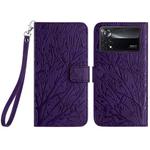 For Xiaomi Poco X4 Pro 5G Tree Birds Embossed Pattern Leather Phone Case(Purple)