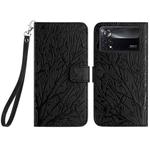 For Xiaomi Poco X4 Pro 5G Tree Birds Embossed Pattern Leather Phone Case(Black)