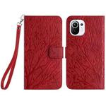 For Xiaomi 11 Lite Tree Birds Embossed Pattern Leather Phone Case(Red)