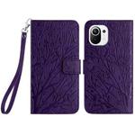 For Xiaomi 11 Lite Tree Birds Embossed Pattern Leather Phone Case(Purple)