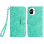 For Xiaomi 11 Lite Tree Birds Embossed Pattern Leather Phone Case(Green)