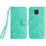 For Xiaomi Redmi Note 9S Tree Birds Embossed Pattern Leather Phone Case(Green)