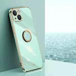 For iPhone 15 Plus XINLI Straight Edge 6D Electroplate TPU Phone Case with Ring Holder(Mint Green)