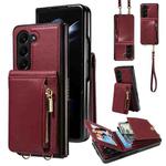 For Samsung Galaxy Z Fold5 5G Crossbody Lanyard Zipper Wallet Leather Phone Case(Wine Red)