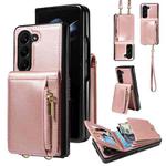 For Samsung Galaxy Z Fold5 5G Crossbody Lanyard Zipper Wallet Leather Phone Case(Rose Gold)