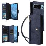 For Google Pixel 9 Rivet Buckle 9 Cards Three Fold Leather Phone Case(Blue)