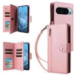 For Google Pixel 10 / 10 Pro Rivet Buckle 9 Cards Three Fold Leather Phone Case(Rose Gold)