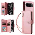 For Google Pixel 10 Pro XL / 9 Pro XL Rivet Buckle 9 Cards Three Fold Leather Phone Case(Rose Gold)