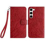 For Samsung Galaxy S23 Tree Birds Embossed Pattern Leather Phone Case(Red)