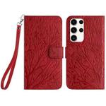 For Samsung Galaxy S22 Ultra 5G Tree Birds Embossed Pattern Leather Phone Case(Red)