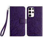 For Samsung Galaxy S22 Ultra 5G Tree Birds Embossed Pattern Leather Phone Case(Purple)